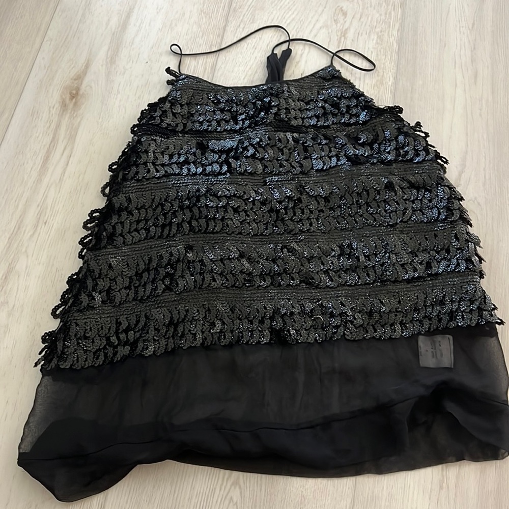 Poleci Womens Black Silk top with sequin nwot